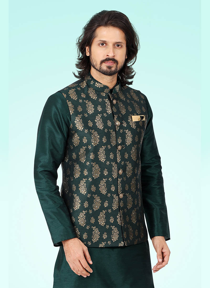 Velvet Jacket Embroidered Jacket Black Kurta Pajama With Green